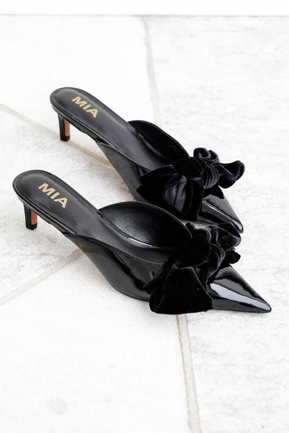 MIA Patent Vegan Leather Pointed Toe Mule with Velvet Bow - Freckled Poppy