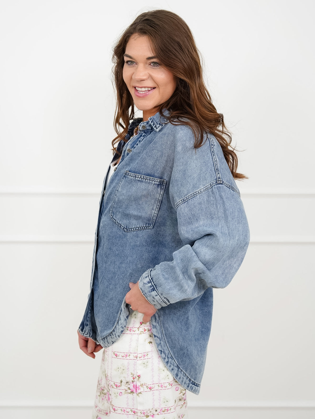 Plus/Reg Chambray Long Sleeve Button Down Shacket - Freckled Poppy