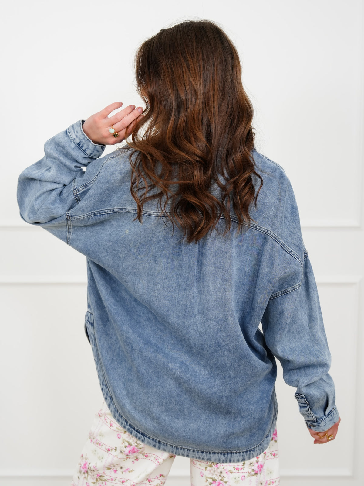 Plus/Reg Chambray Long Sleeve Button Down Shacket - Freckled Poppy