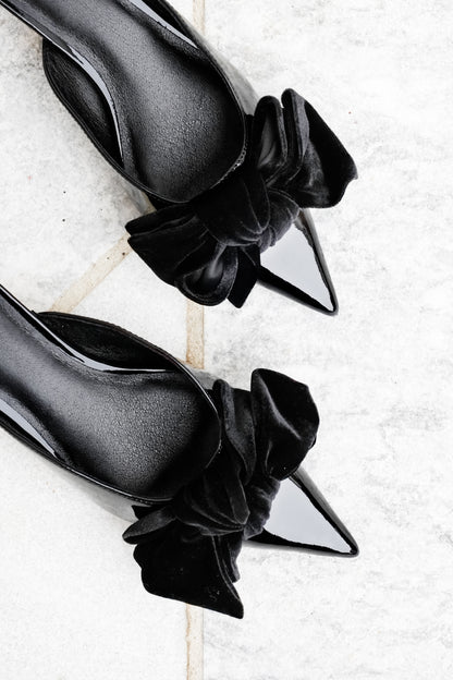 MIA Patent Vegan Leather Pointed Toe Mule with Velvet Bow - Freckled Poppy