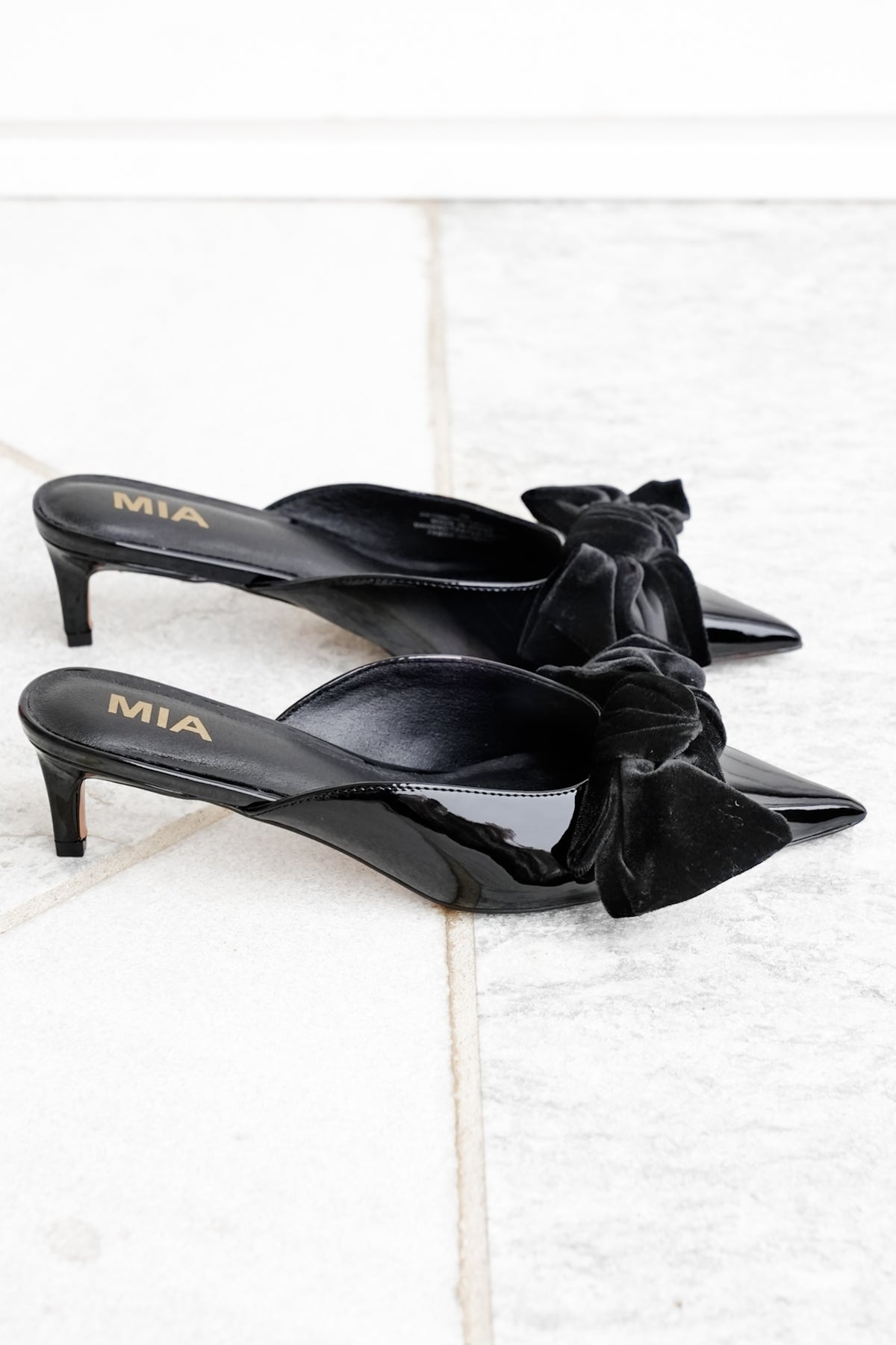 MIA Patent Vegan Leather Pointed Toe Mule with Velvet Bow - Freckled Poppy