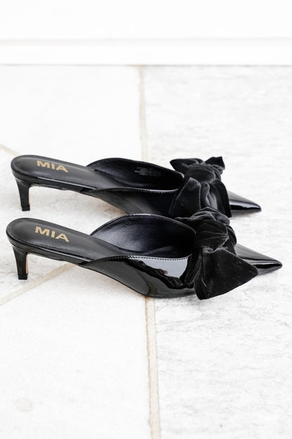 MIA Patent Vegan Leather Pointed Toe Mule with Velvet Bow - Freckled Poppy