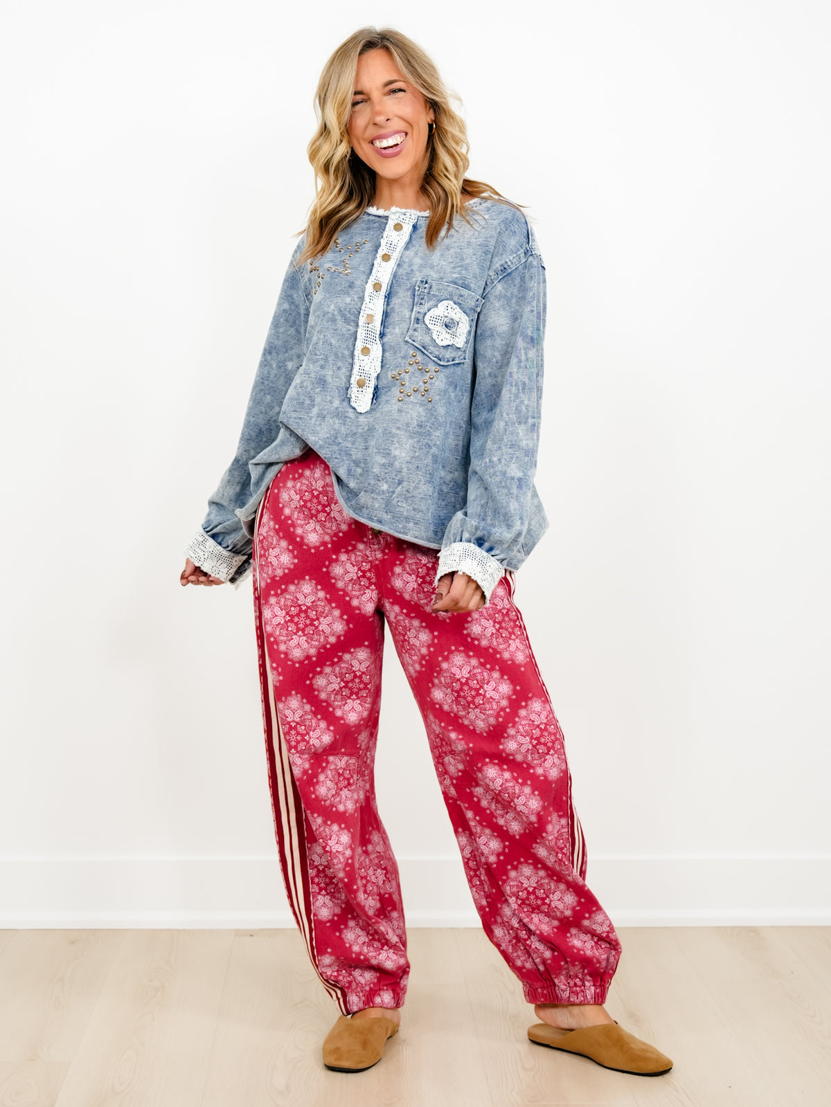 POL Mineral Wash Long Sleeve Button Up Top with Crochet Trim