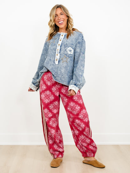 POL Mineral Wash Long Sleeve Button Up Top with Crochet Trim