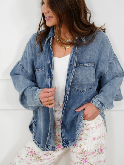 Plus/Reg Chambray Long Sleeve Button Down Shacket - Freckled Poppy