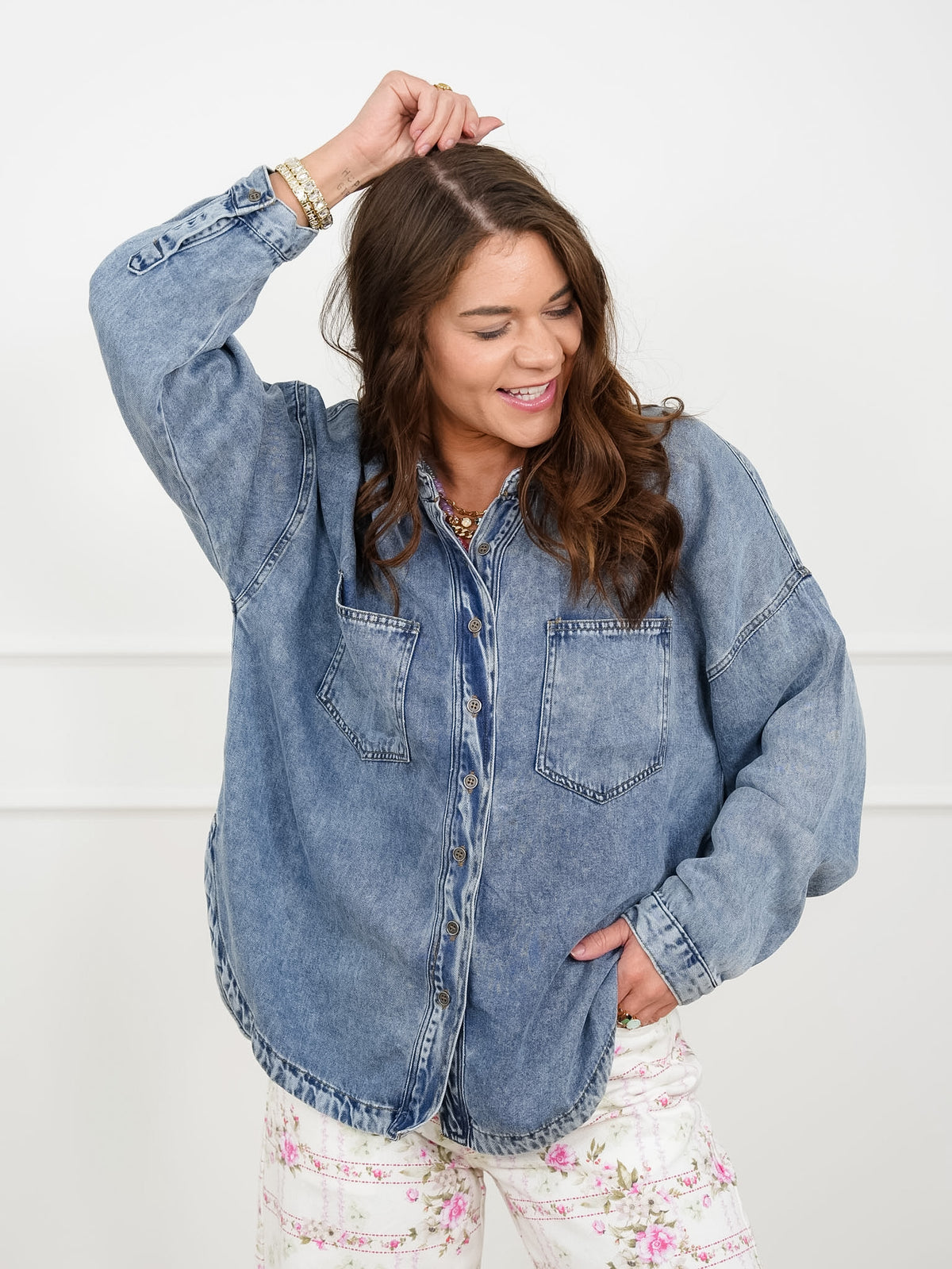 Plus/Reg Chambray Long Sleeve Button Down Shacket - Freckled Poppy