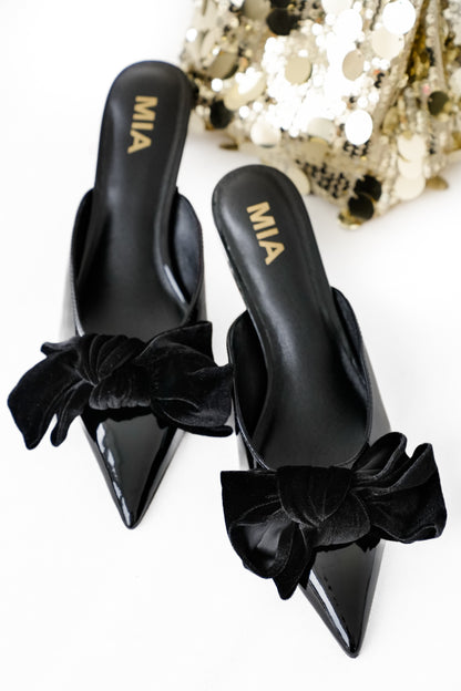 MIA Patent Vegan Leather Pointed Toe Mule with Velvet Bow - Freckled Poppy