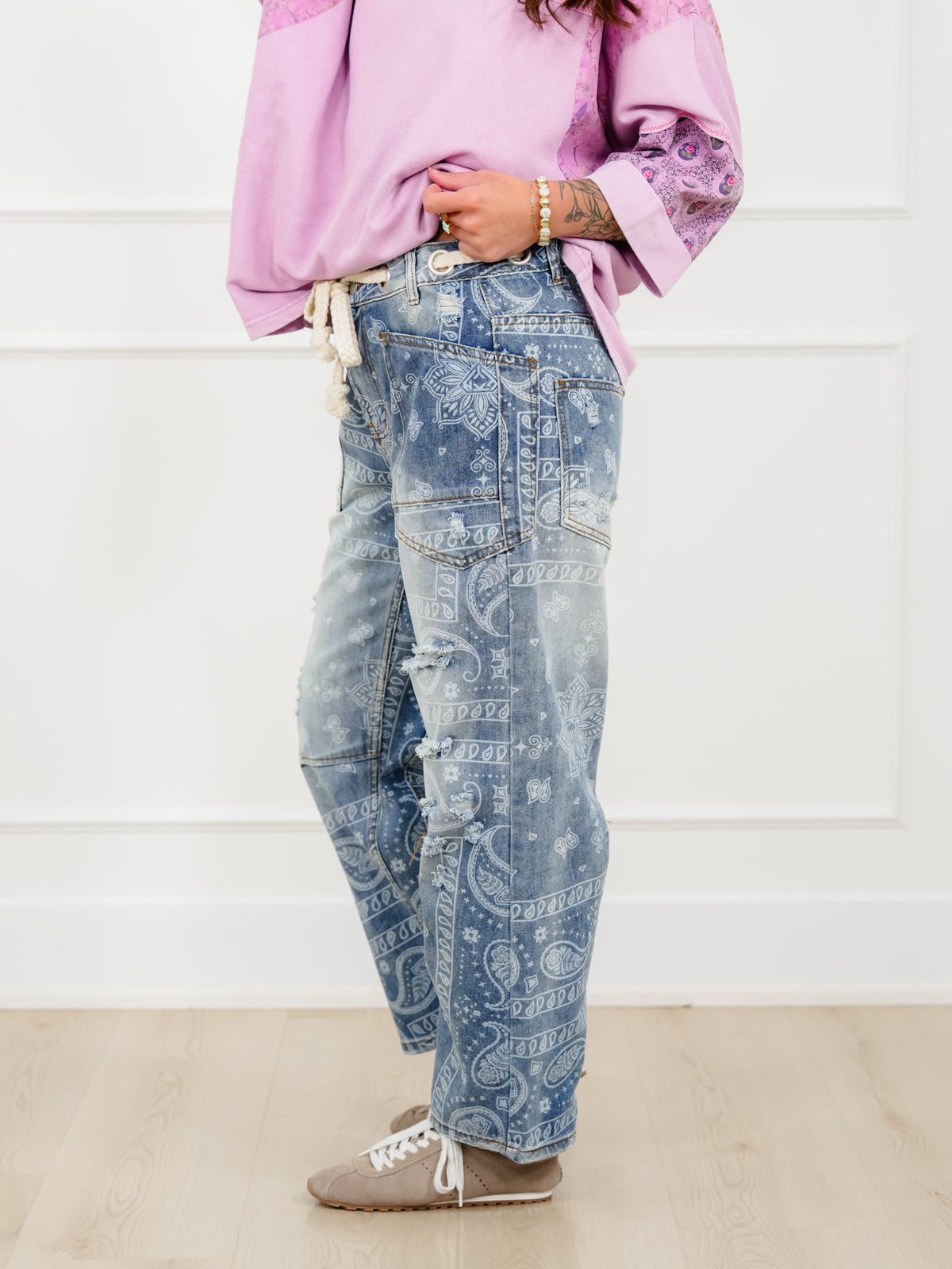 Restock! Distressed Paisley Print Barrel Pants - Freckled Poppy