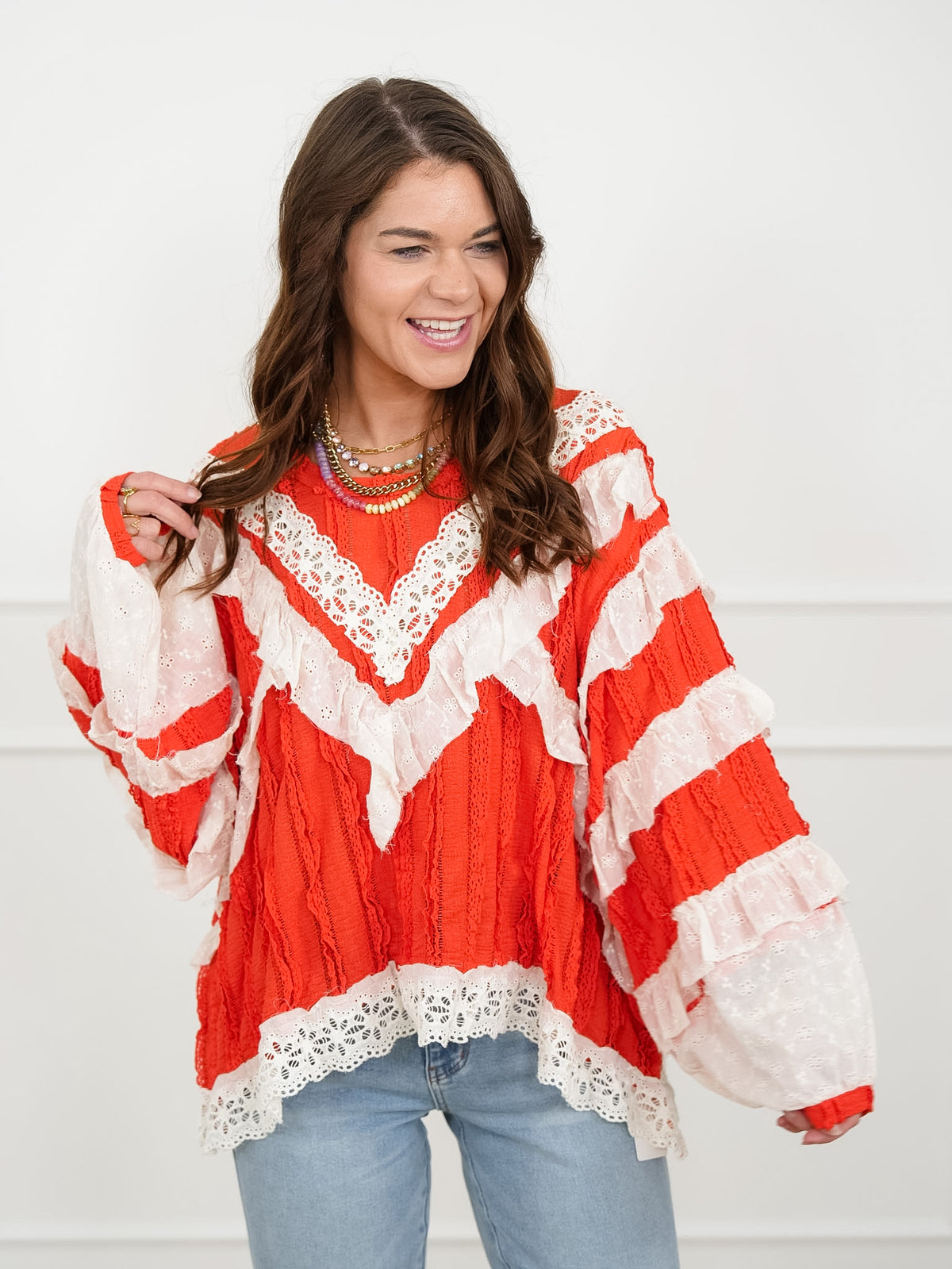 POL Long Sleeve Ruffle Top with Lace Trim - Freckled Poppy