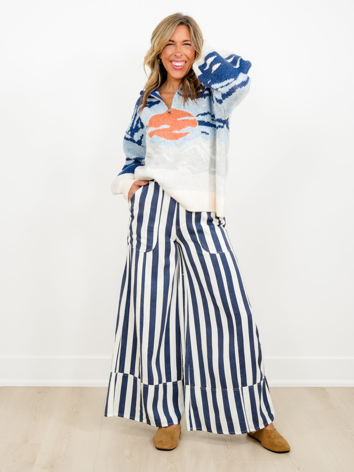 Plus/Reg Elastic Waist Striped Cuffed Wide Leg Pants - Freckled Poppy