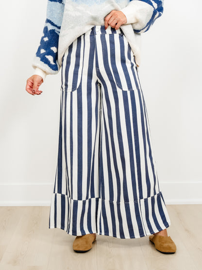 Plus/Reg Elastic Waist Striped Cuffed Wide Leg Pants - Freckled Poppy