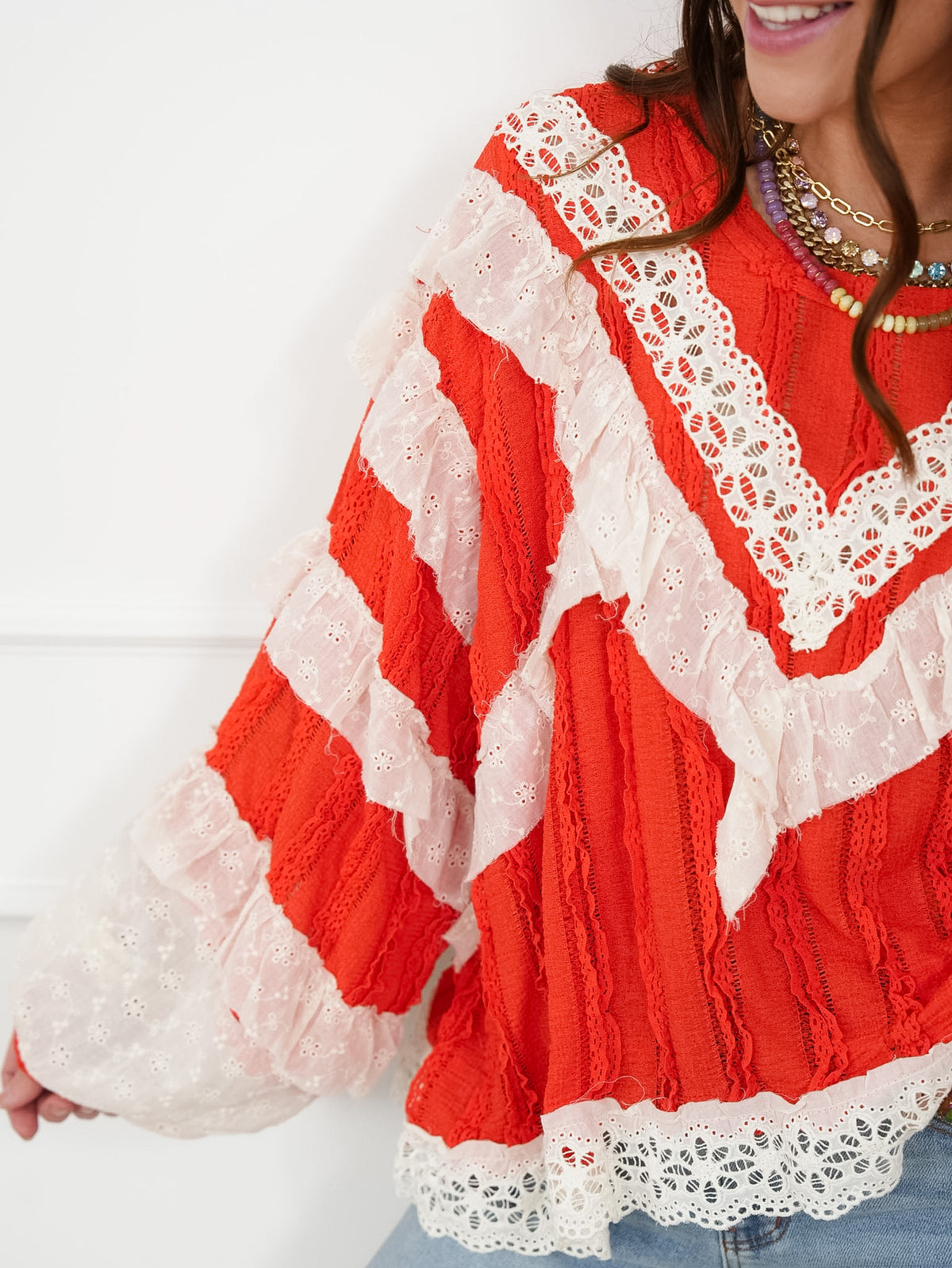 POL Long Sleeve Ruffle Top with Lace Trim - Freckled Poppy