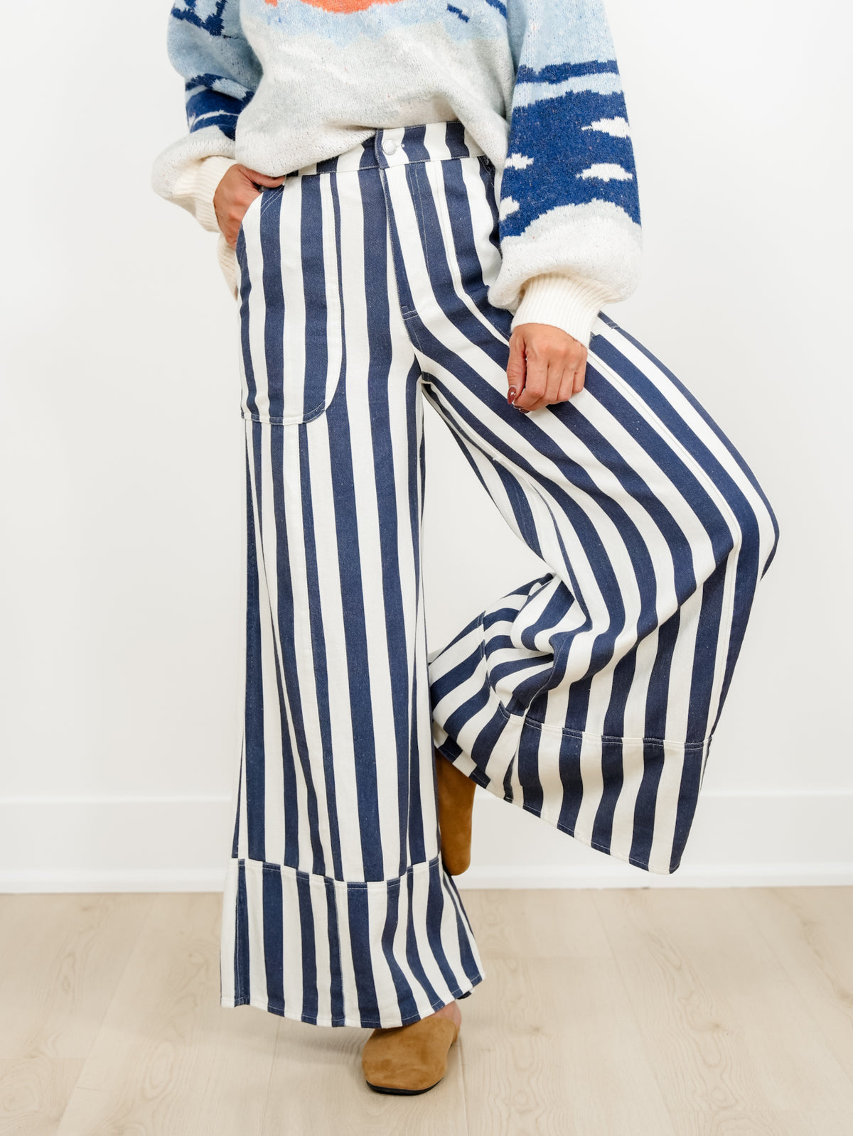 Plus/Reg Elastic Waist Striped Cuffed Wide Leg Pants - Freckled Poppy