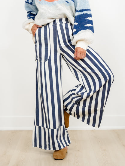 Plus/Reg Elastic Waist Striped Cuffed Wide Leg Pants - Freckled Poppy