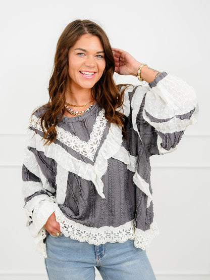 POL Long Sleeve Ruffle Top with Lace Trim - Freckled Poppy
