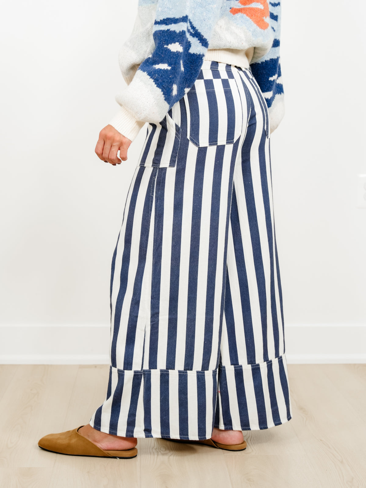 Plus/Reg Elastic Waist Striped Cuffed Wide Leg Pants - Freckled Poppy