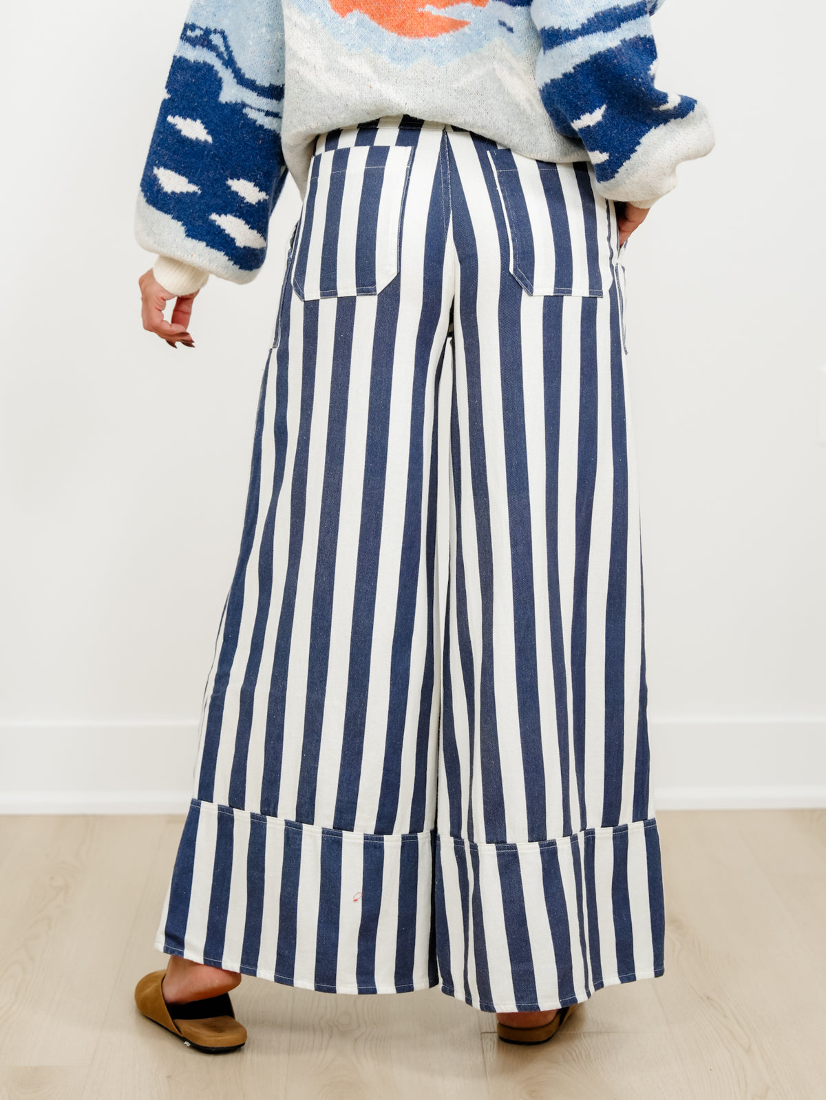 Plus/Reg Elastic Waist Striped Cuffed Wide Leg Pants - Freckled Poppy