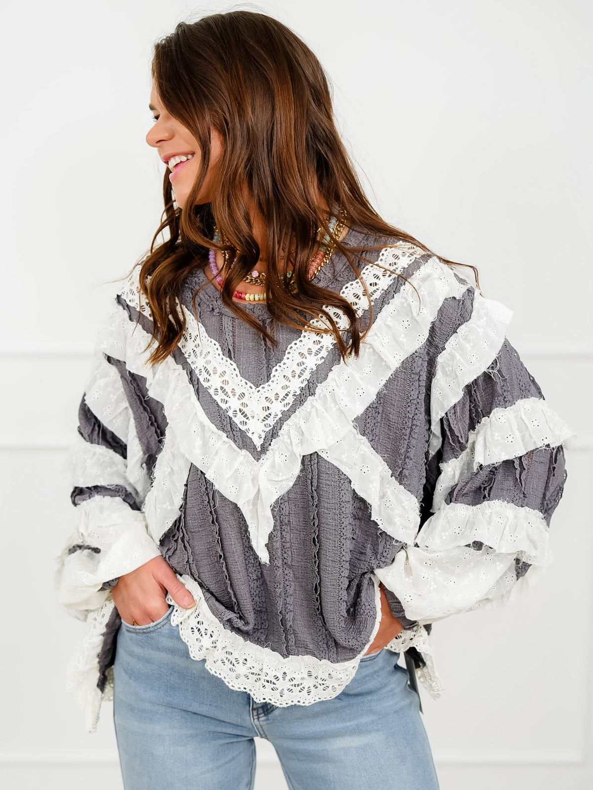 POL Long Sleeve Ruffle Top with Lace Trim - Freckled Poppy