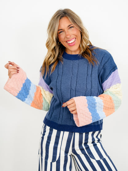 Plus/Reg Cable Knit Pullover Sweater with Rainbow Sleeves