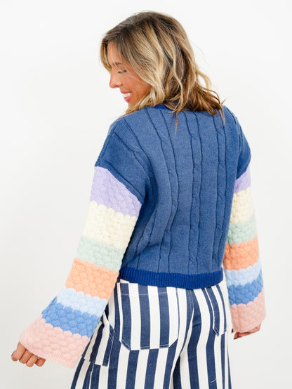 Plus/Reg Cable Knit Pullover Sweater with Rainbow Sleeves