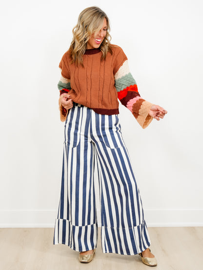 Plus/Reg Cable Knit Pullover Sweater with Rainbow Sleeves
