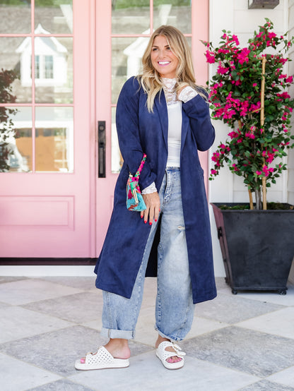 Vegan Suede Long Sleeve Open Front Long Jacket - Freckled Poppy