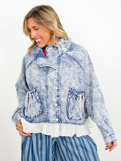 POL Long Sleeve Snap Button Down Jacket with Mesh Ruffle Hem