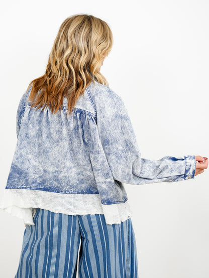 POL Long Sleeve Snap Button Down Jacket with Mesh Ruffle Hem