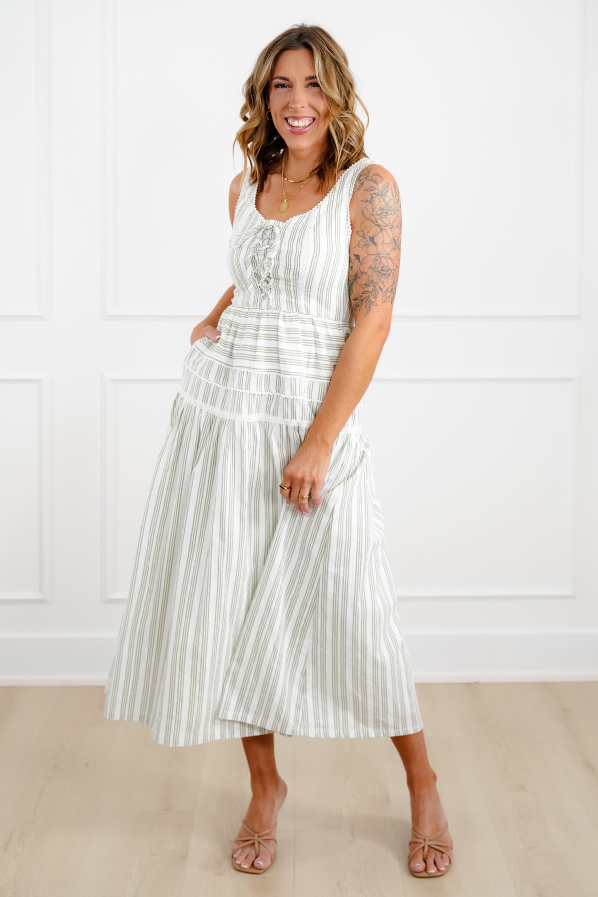 Sleeveless Striped Maxi Dress with Lace Trim - Freckled Poppy
