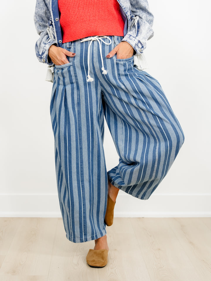 Plus/Reg Washed Striped Drawstring Barrel Leg Pants - Freckled Poppy