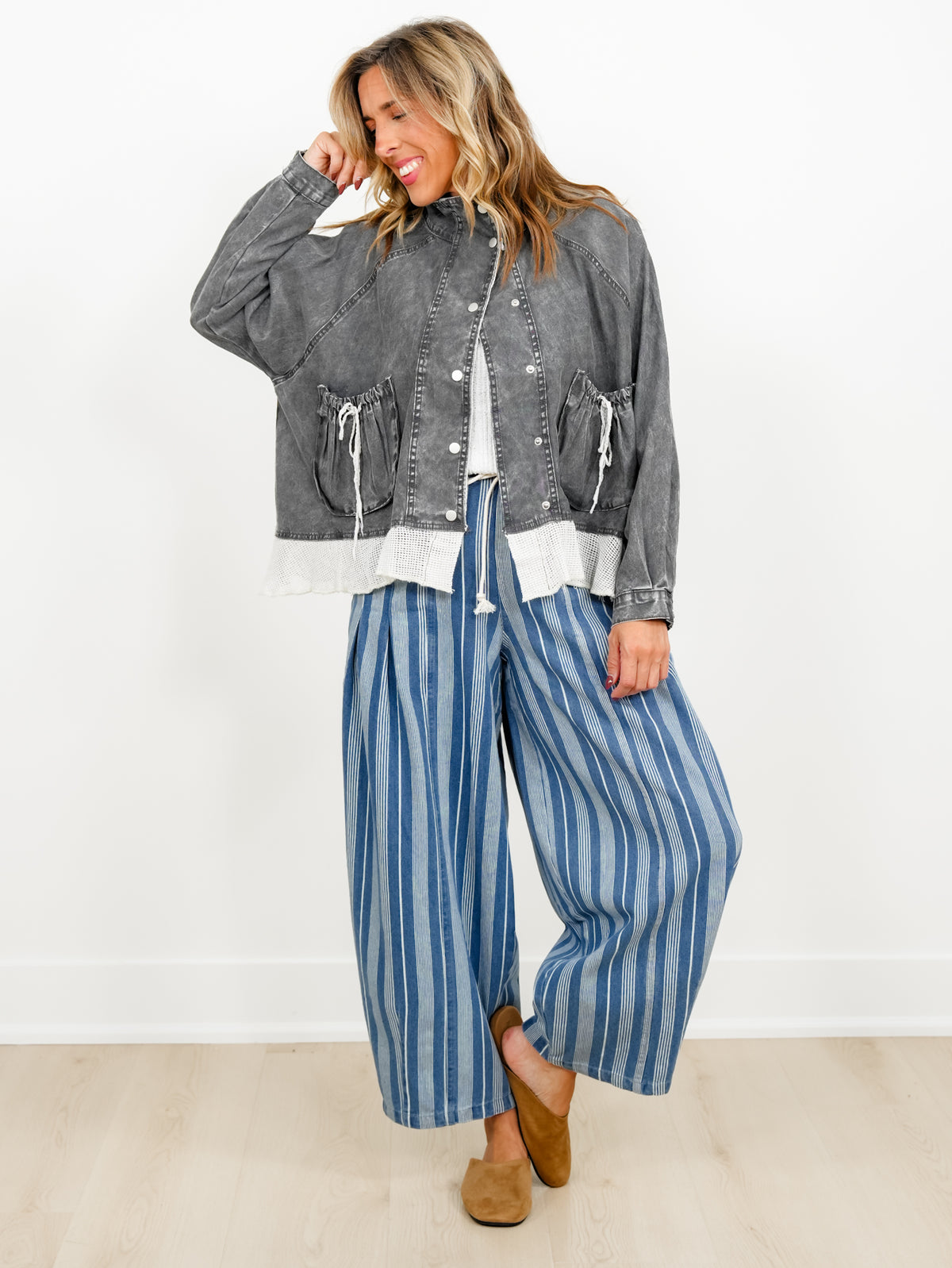 POL Long Sleeve Snap Button Down Jacket with Mesh Ruffle Hem