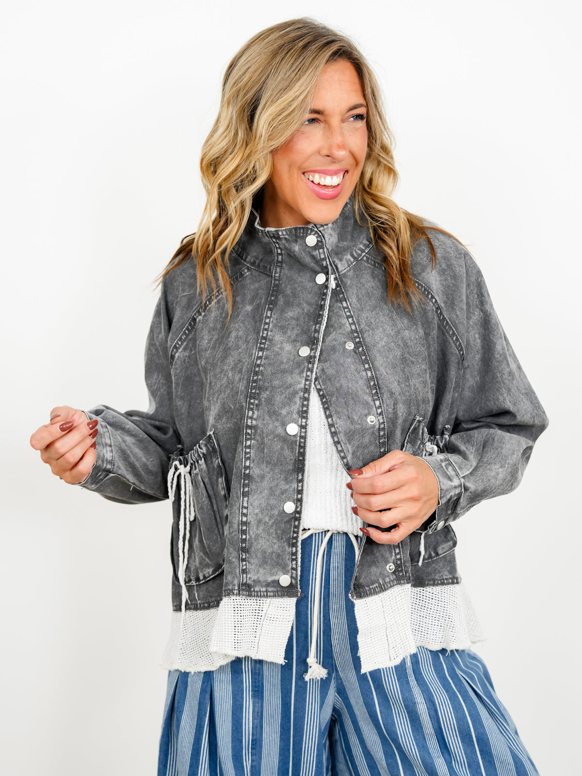 POL Long Sleeve Snap Button Down Jacket with Mesh Ruffle Hem