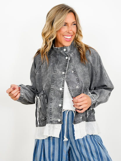 POL Long Sleeve Snap Button Down Jacket with Mesh Ruffle Hem