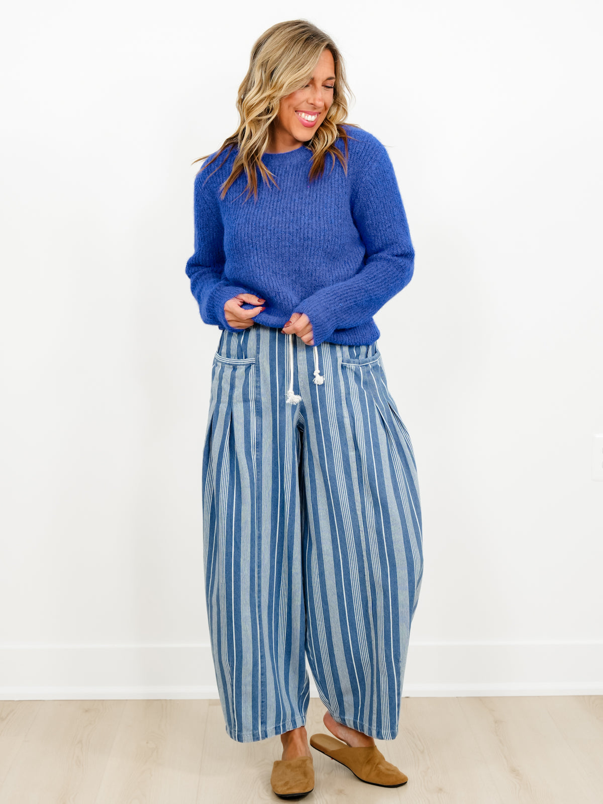Blue Ribbed Long Sleeve Crew Neck Pullover Sweater