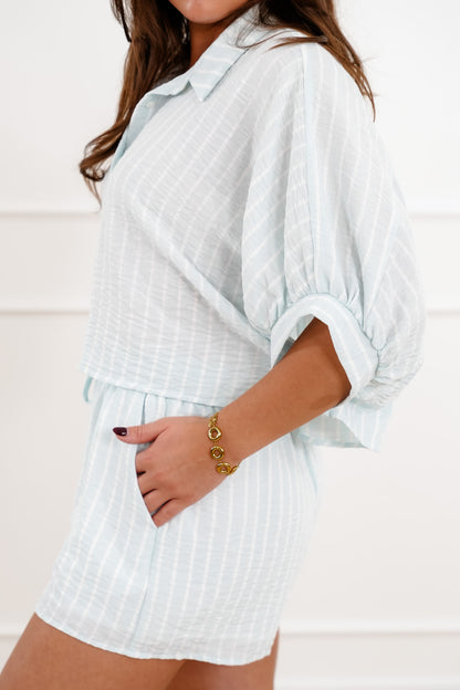 Striped Short Sleeve Button Down Top with Shorts Set - Freckled Poppy