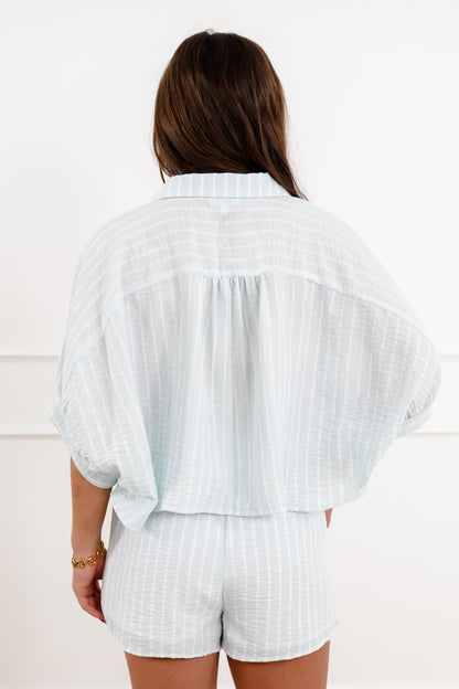 Striped Short Sleeve Button Down Top with Shorts Set - Freckled Poppy