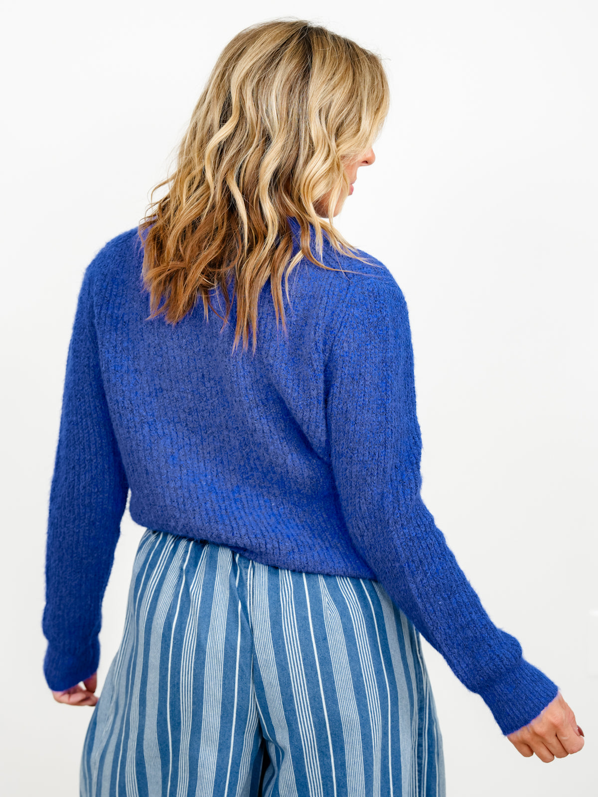 Blue Ribbed Long Sleeve Crew Neck Pullover Sweater