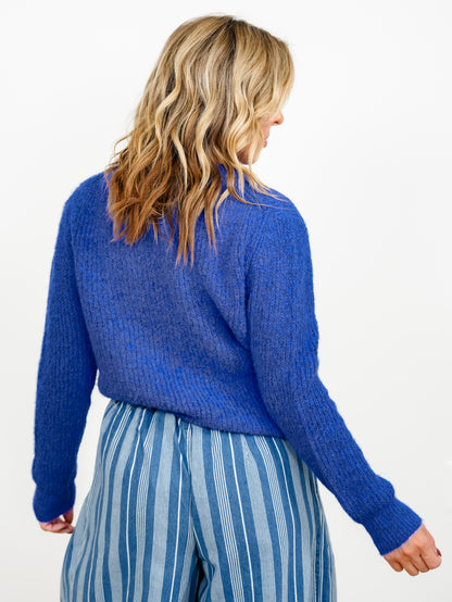 Blue Ribbed Long Sleeve Crew Neck Pullover Sweater