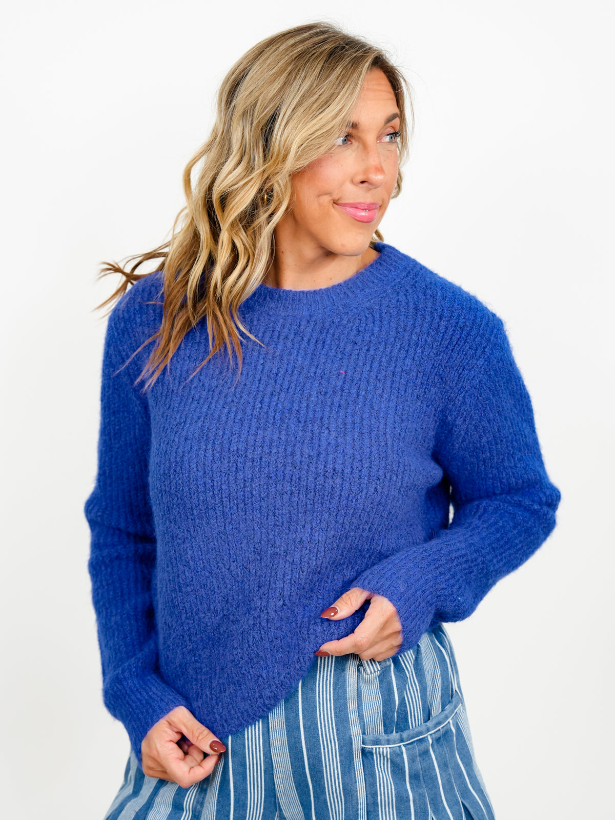 Blue Ribbed Long Sleeve Crew Neck Pullover Sweater