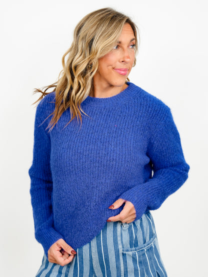 Blue Ribbed Long Sleeve Crew Neck Pullover Sweater