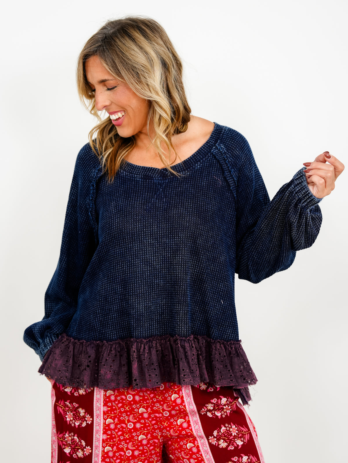 POL Thermal Long Sleeve Top with Eyelet Ruffle Hem