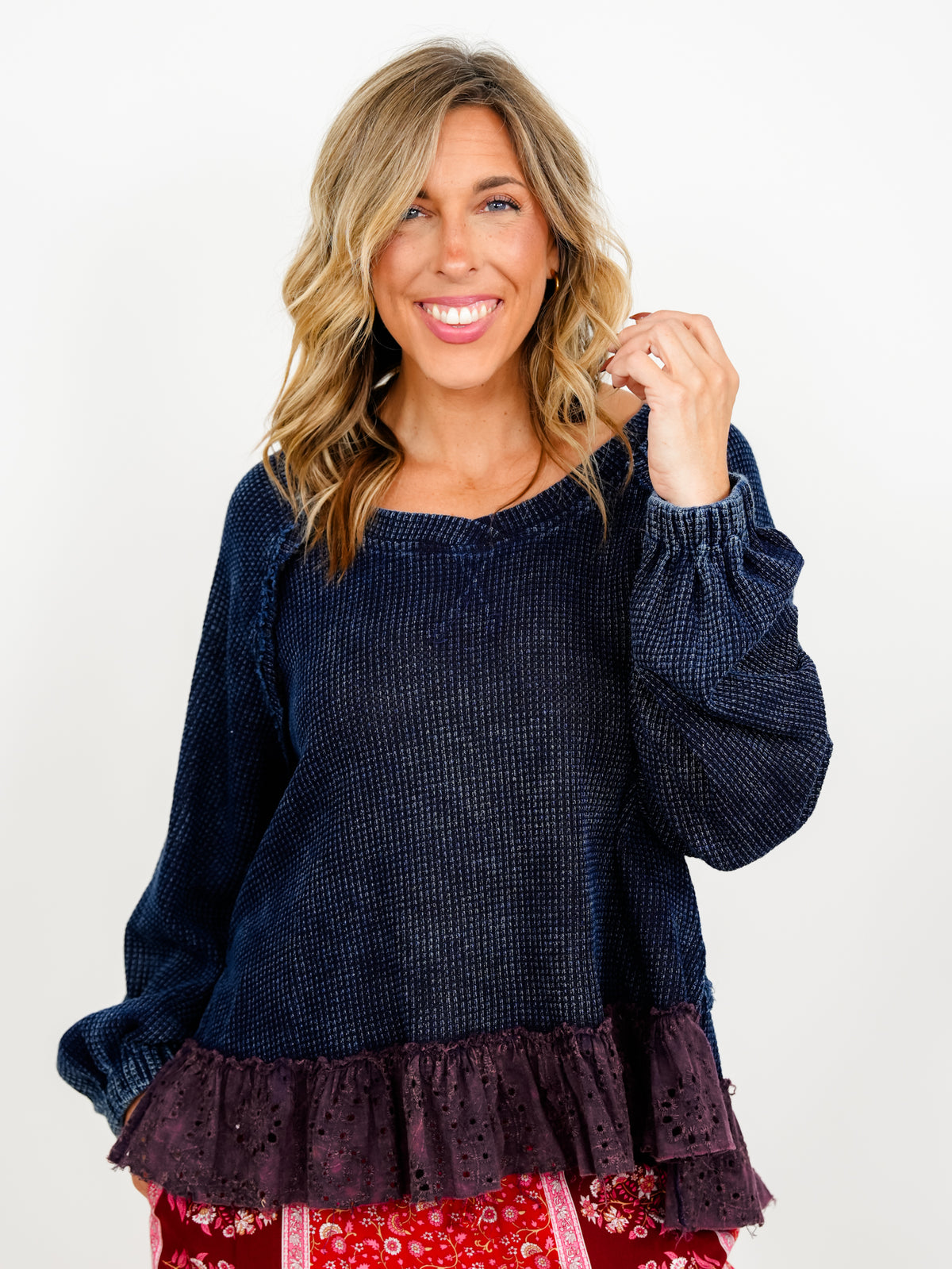 POL Thermal Long Sleeve Top with Eyelet Ruffle Hem