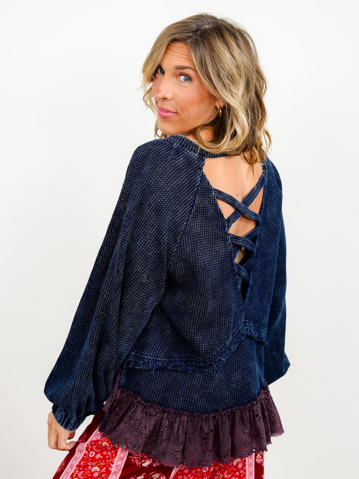 POL Thermal Long Sleeve Top with Eyelet Ruffle Hem