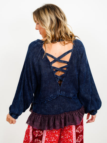 POL Thermal Long Sleeve Top with Eyelet Ruffle Hem
