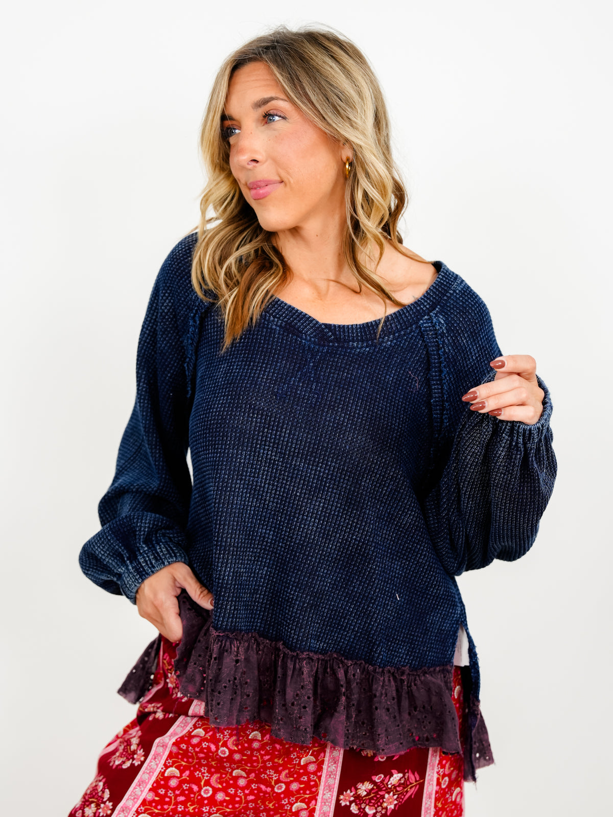 POL Thermal Long Sleeve Top with Eyelet Ruffle Hem