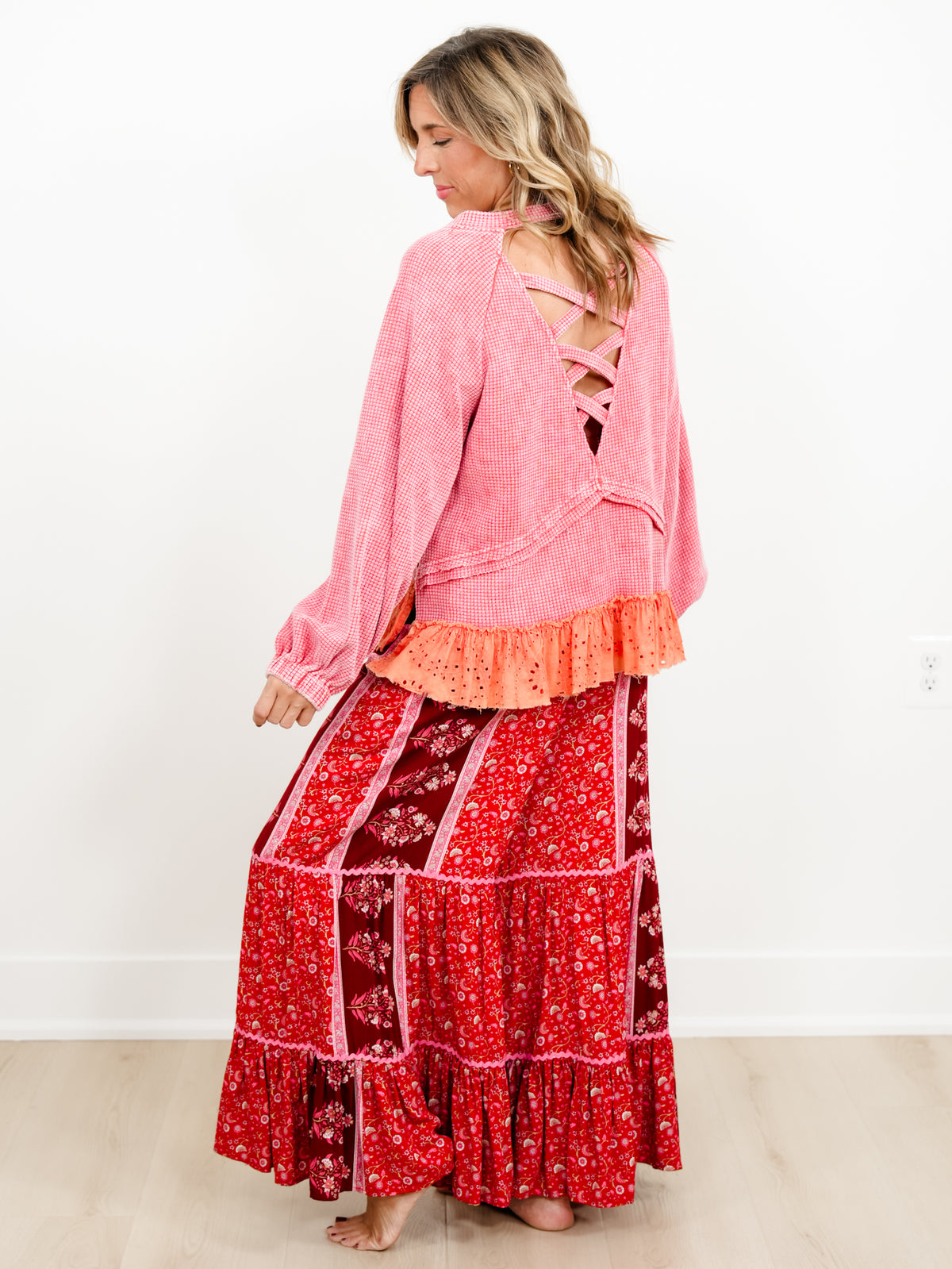 POL Thermal Long Sleeve Top with Eyelet Ruffle Hem