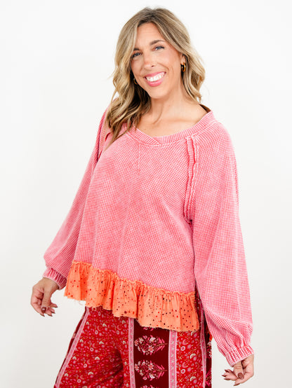POL Thermal Long Sleeve Top with Eyelet Ruffle Hem