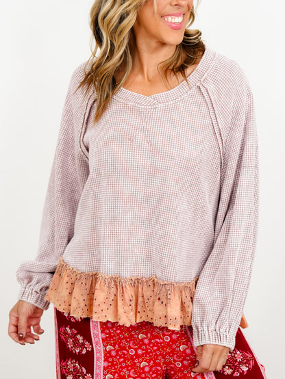 POL Thermal Long Sleeve Top with Eyelet Ruffle Hem