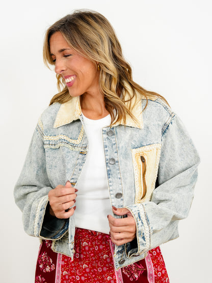 POL Acid Wash Long Sleeve Button Down Jacket with Corduroy Contrast