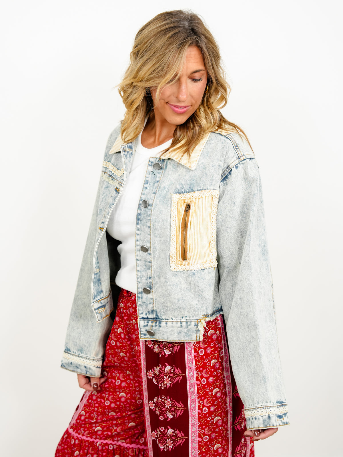 POL Acid Wash Long Sleeve Button Down Jacket with Corduroy Contrast